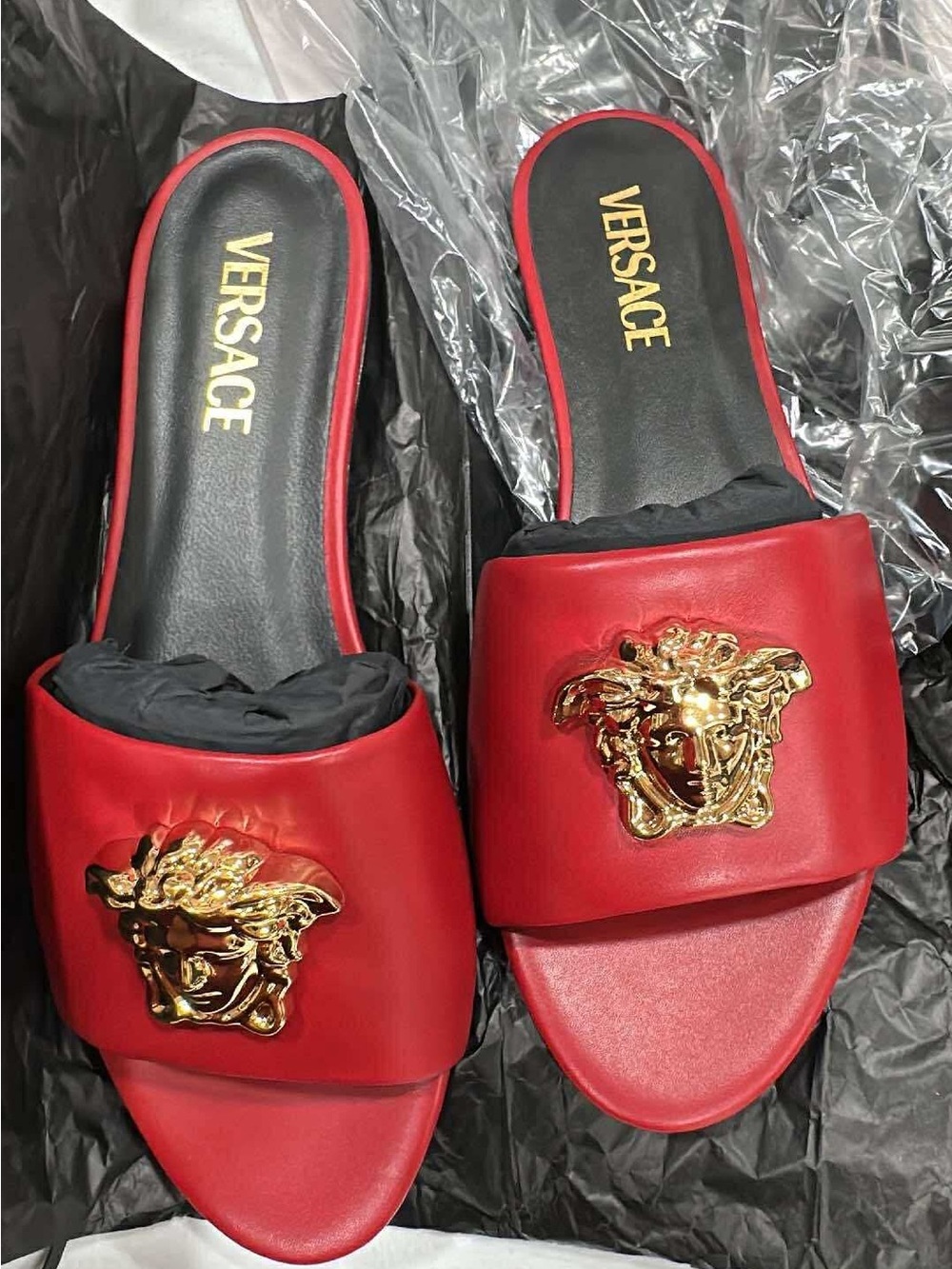 Versace Red Leather Medusa Emblem Slide Sandals